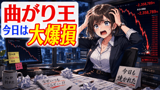 損切りとなったトレード結果を見て落ち込む女性トレーダー。曲がり王のFXアイキャッチ画像。